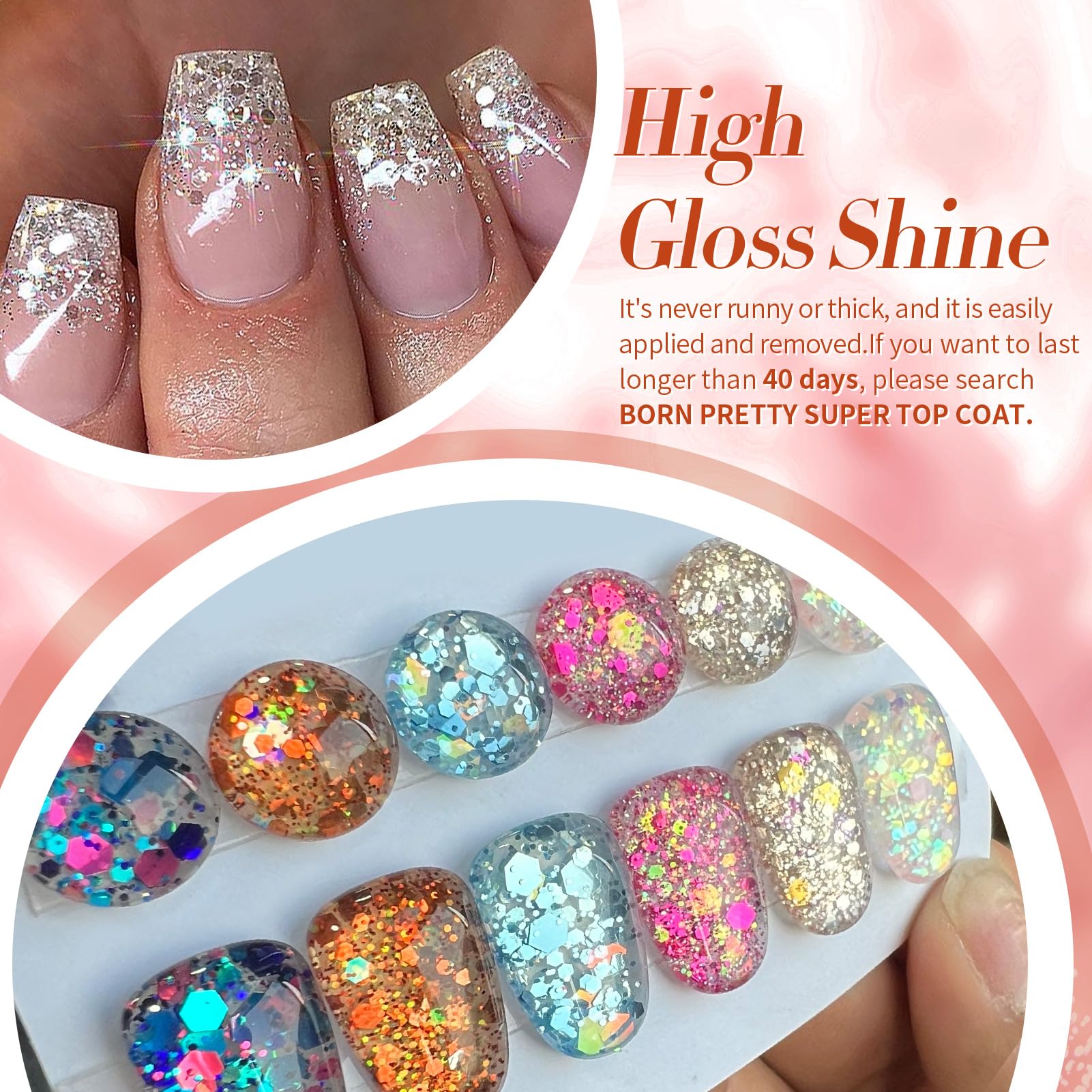 Born Pretty Glitter Sequins Gel Nail Polish Set – 6x7ml Sparkle Shiny Gel Polish for DIY Nail Art
