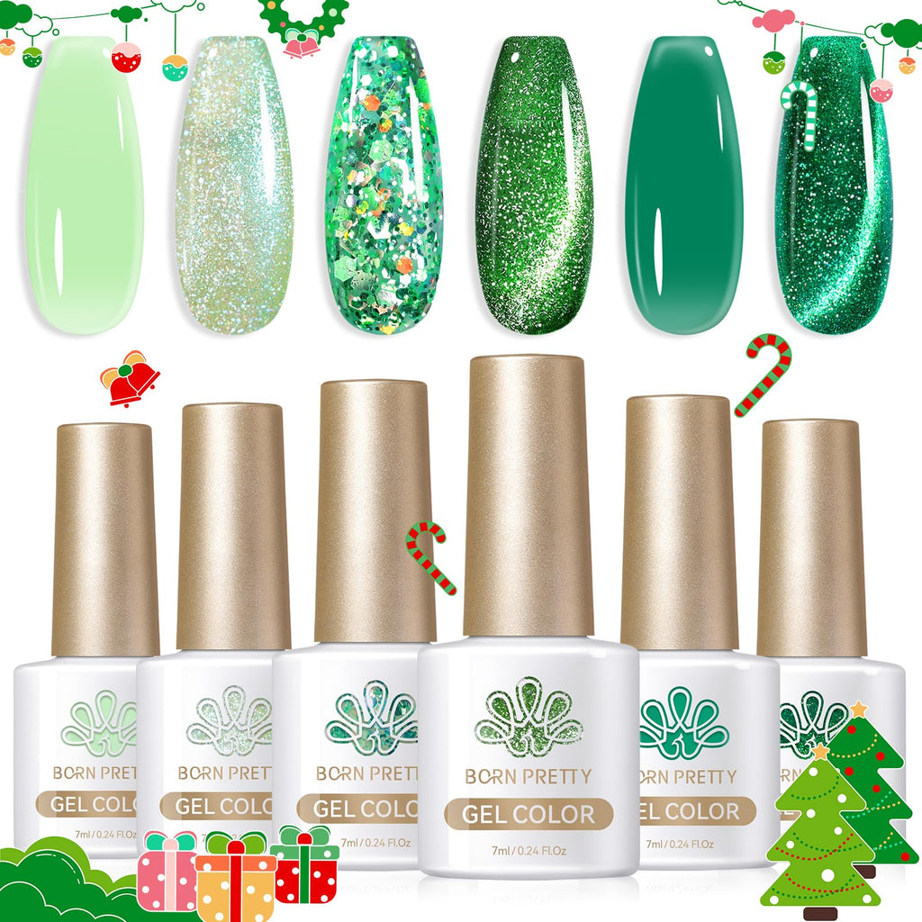 Born Pretty Green Gel Nail Polish Kit: Jelly, Cat Magnetic Eye & Glitter Holographic Finishes