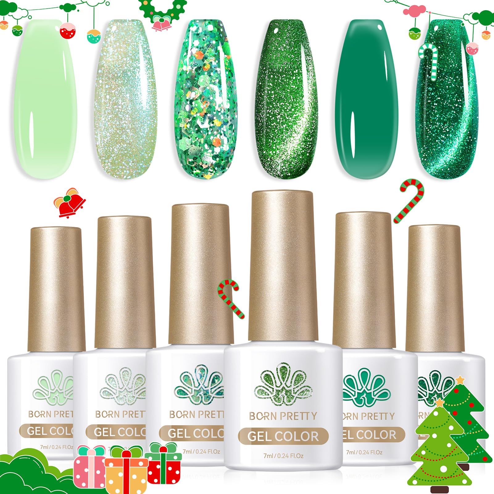 Born Pretty Green Gel Nail Polish Kit: Jelly, Cat Magnetic Eye & Glitter Holographic Finishes