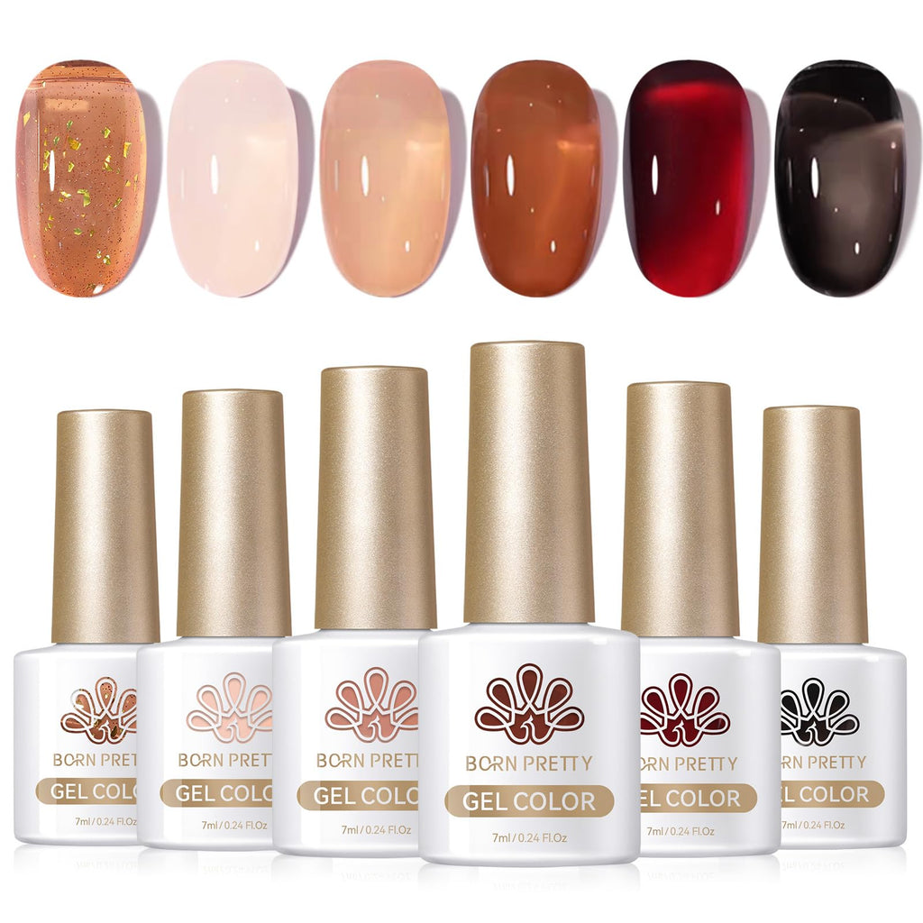 Born Pretty Jelly Gel Nail Polish Set — Fall/Winter 6-Piece 7ml Gel Kit (Brown, Burgundy, Black, Nude, Transparent)