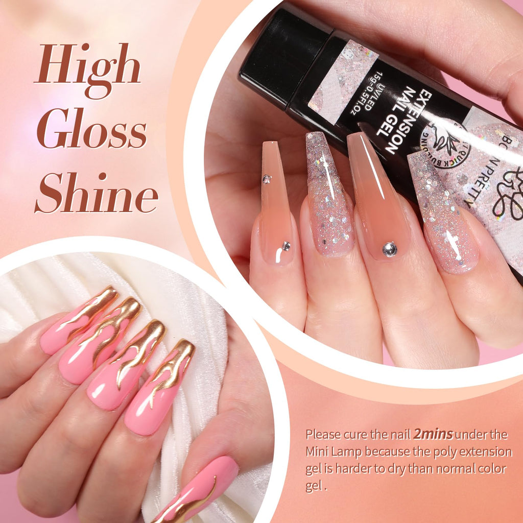 Born Pretty Poly Extension Gel Kit – 12 Colors Nude Pink Set with Mini LED Lamp, Base Coat & Top Coat