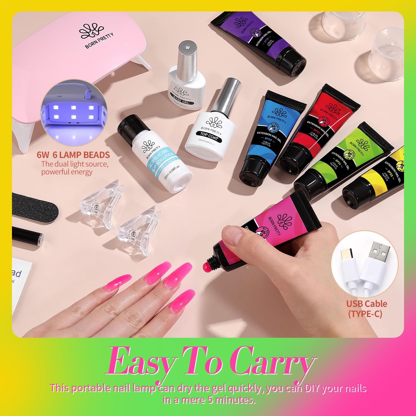 Born Pretty Neon Extension Nail Gel Kit – 6 Colors, All-In-One Set with Nail Lamp
