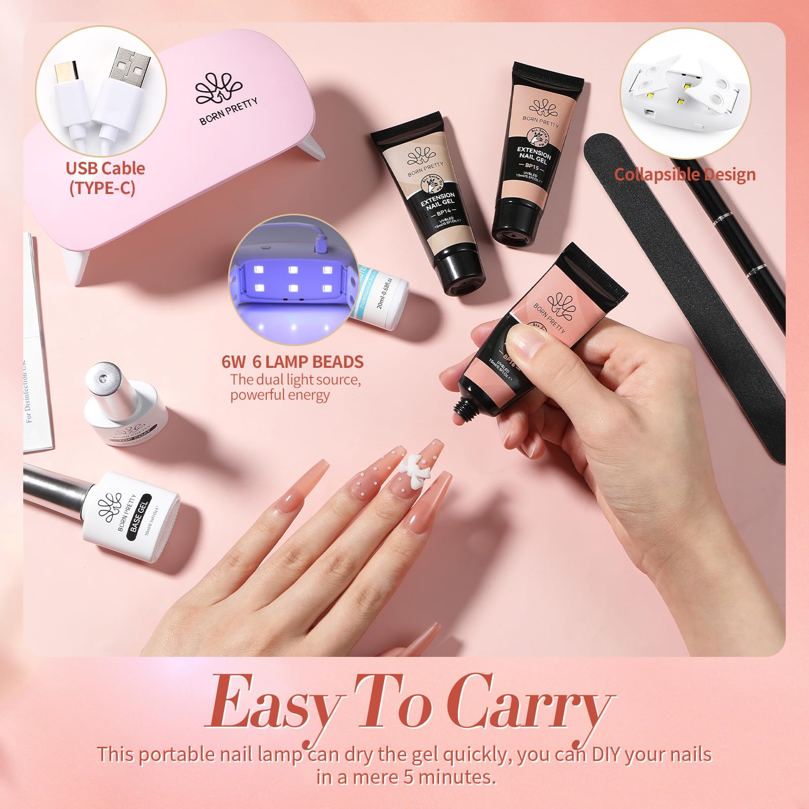 Born Pretty Extension Nail Gel Kit – 6 Colors, All-In-1 Set with UV Lamp, Base & Top Coat