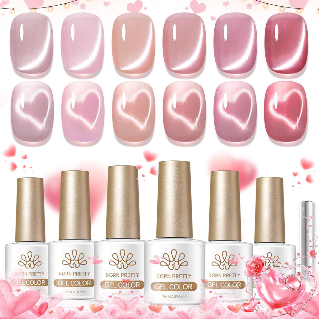 Born Pretty Pink Cat Magnetic Eye Gel Polish – 6-Color Nude Pink Jelly with Glitter, HEMA & TPO Free