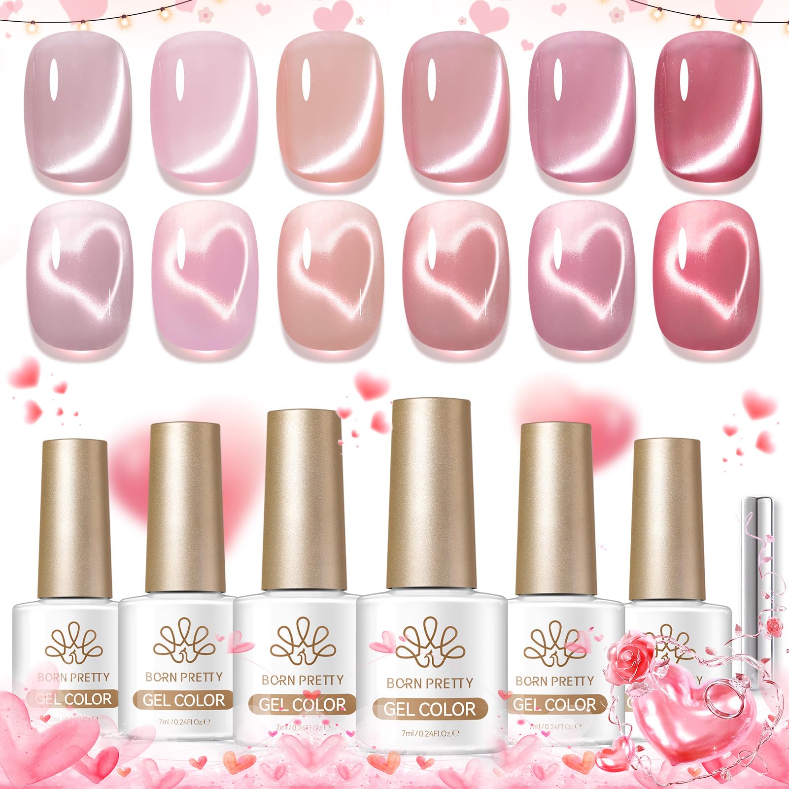 Born Pretty Pink Cat Magnetic Eye Gel Polish – 6-Color Nude Pink Jelly with Glitter, HEMA & TPO Free