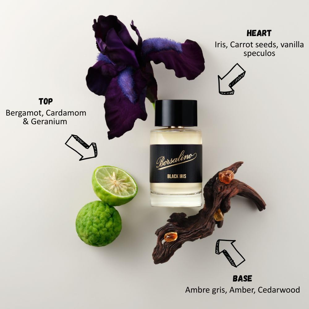 Borsalino Black Iris – Men’s Eau de Parfum | Long-Lasting Fresh Woody Amber with Bergamot & Iris