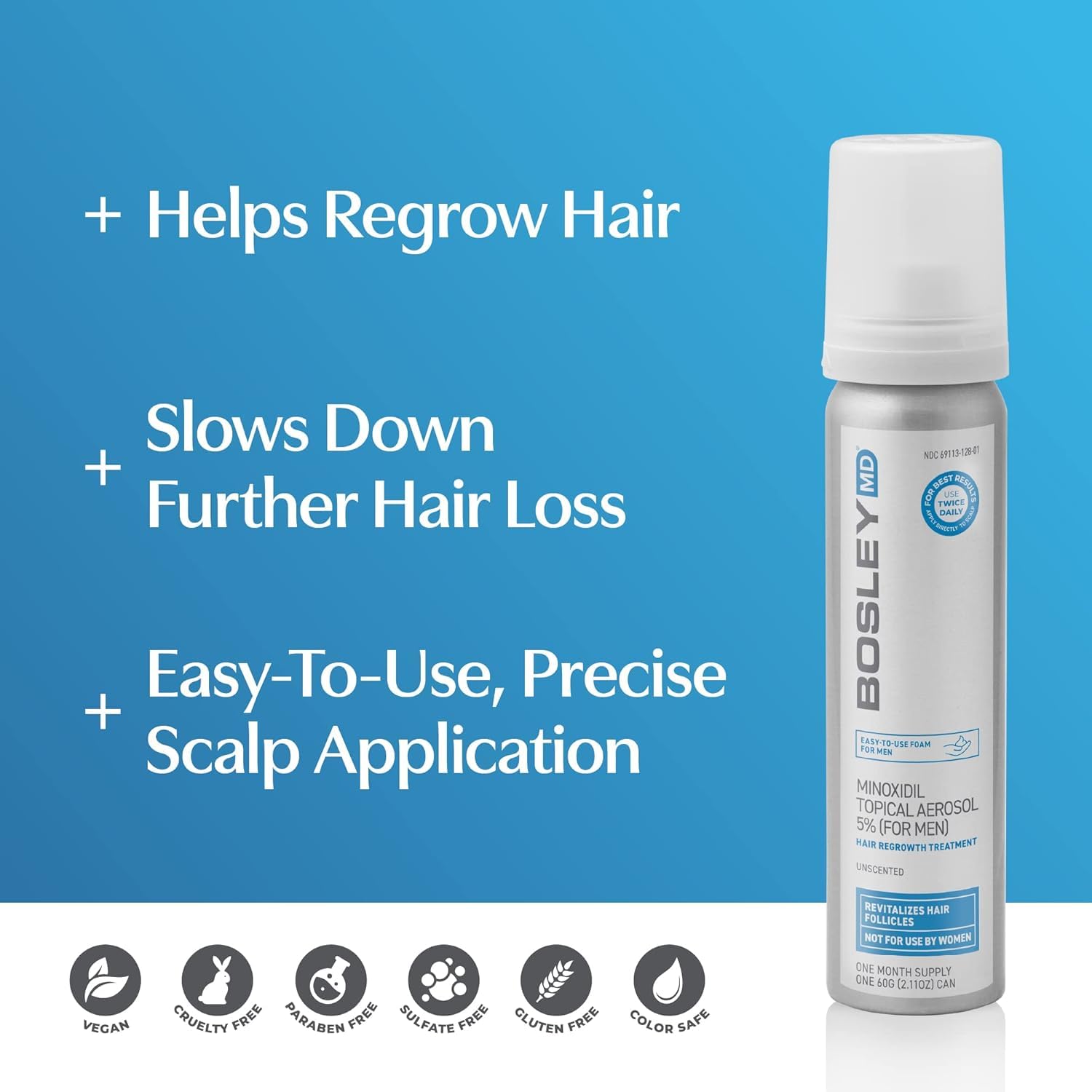 BosleyMD Minoxidil Foam 5% – Extra Strength Hair Regrowth Treatment (2 oz, 1-Month Supply)
