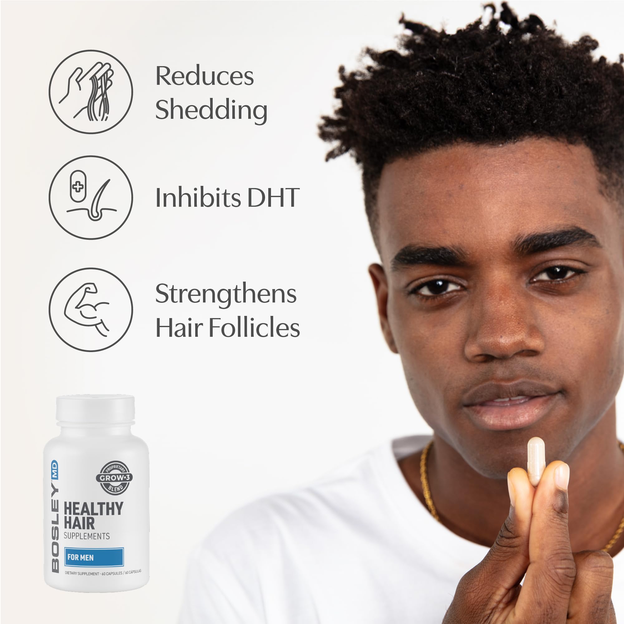 BosleyMD Men’s Healthy Hair Growth Supplements – DHT-Blocking Botanicals, Biotin & Zinc | 60 Capsules (2-Month Supply)