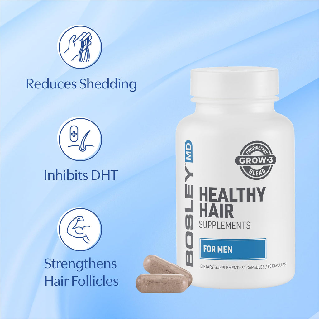 BosleyMD Men’s Healthy Hair Growth Supplements – DHT-Blocking Botanicals, Biotin & Zinc | 60 Capsules (2-Month Supply)