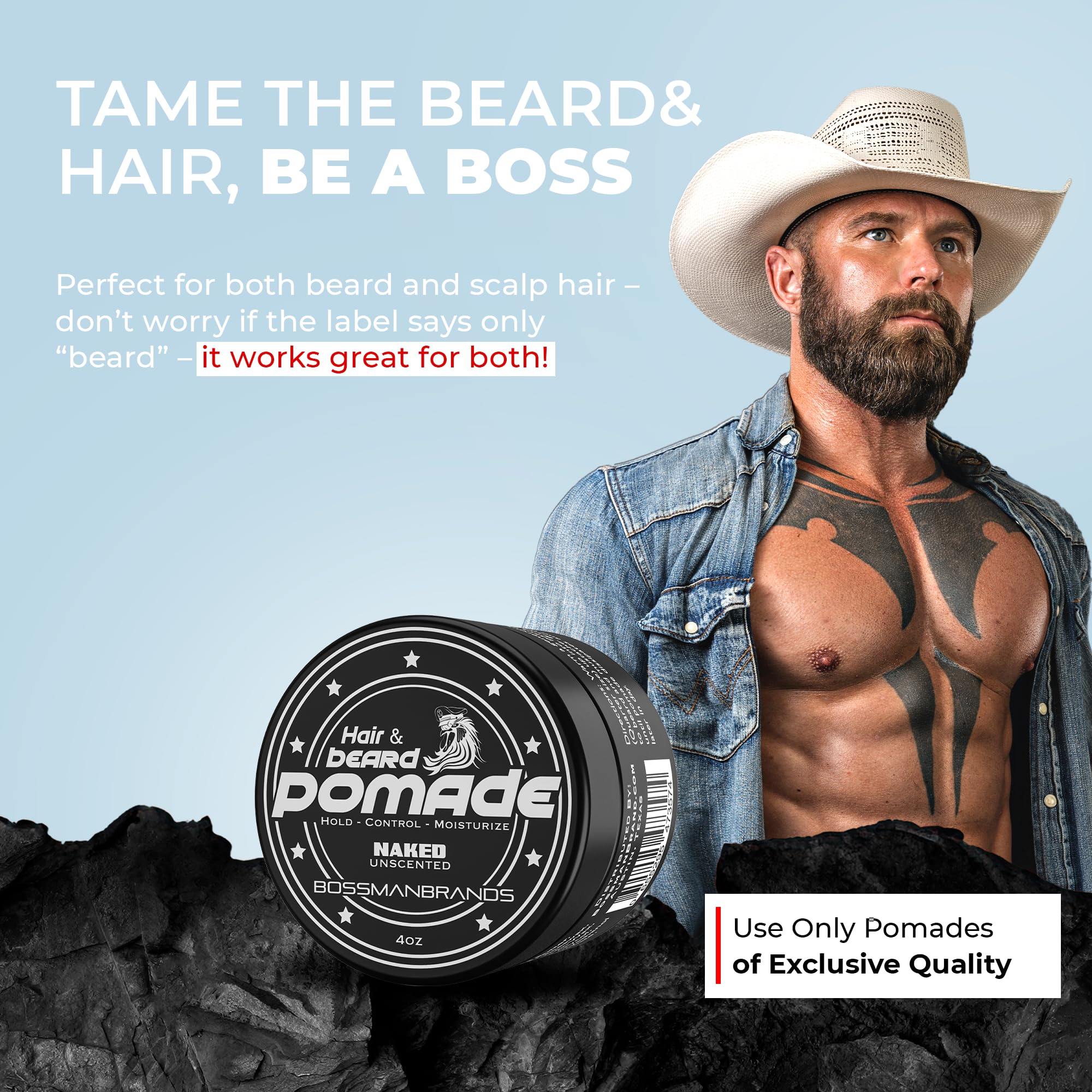 Bossman Hair & Beard Pomade (Naked) – Unscented, Medium Hold, Moisturizing | Made in USA