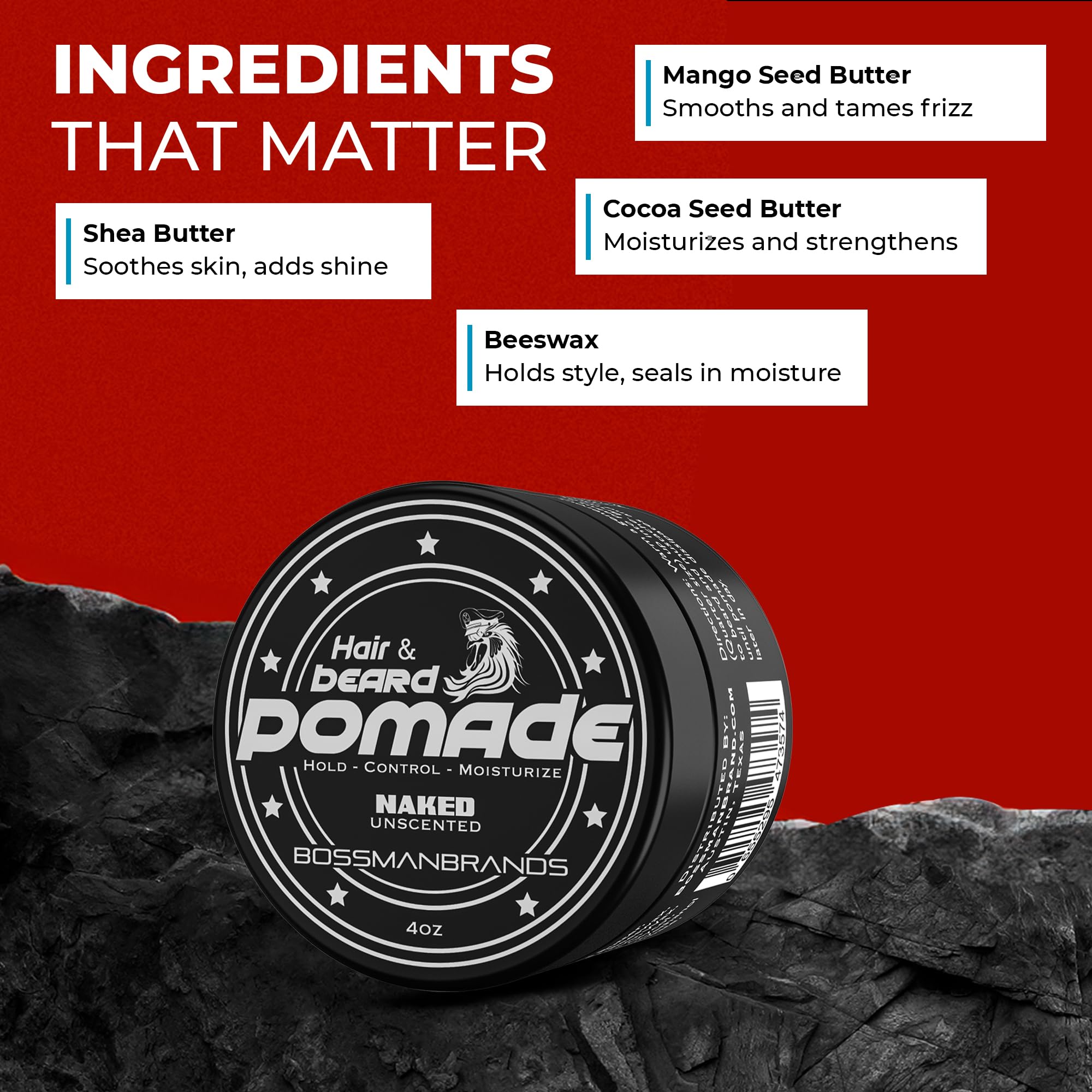 Bossman Hair & Beard Pomade (Naked) – Unscented, Medium Hold, Moisturizing | Made in USA