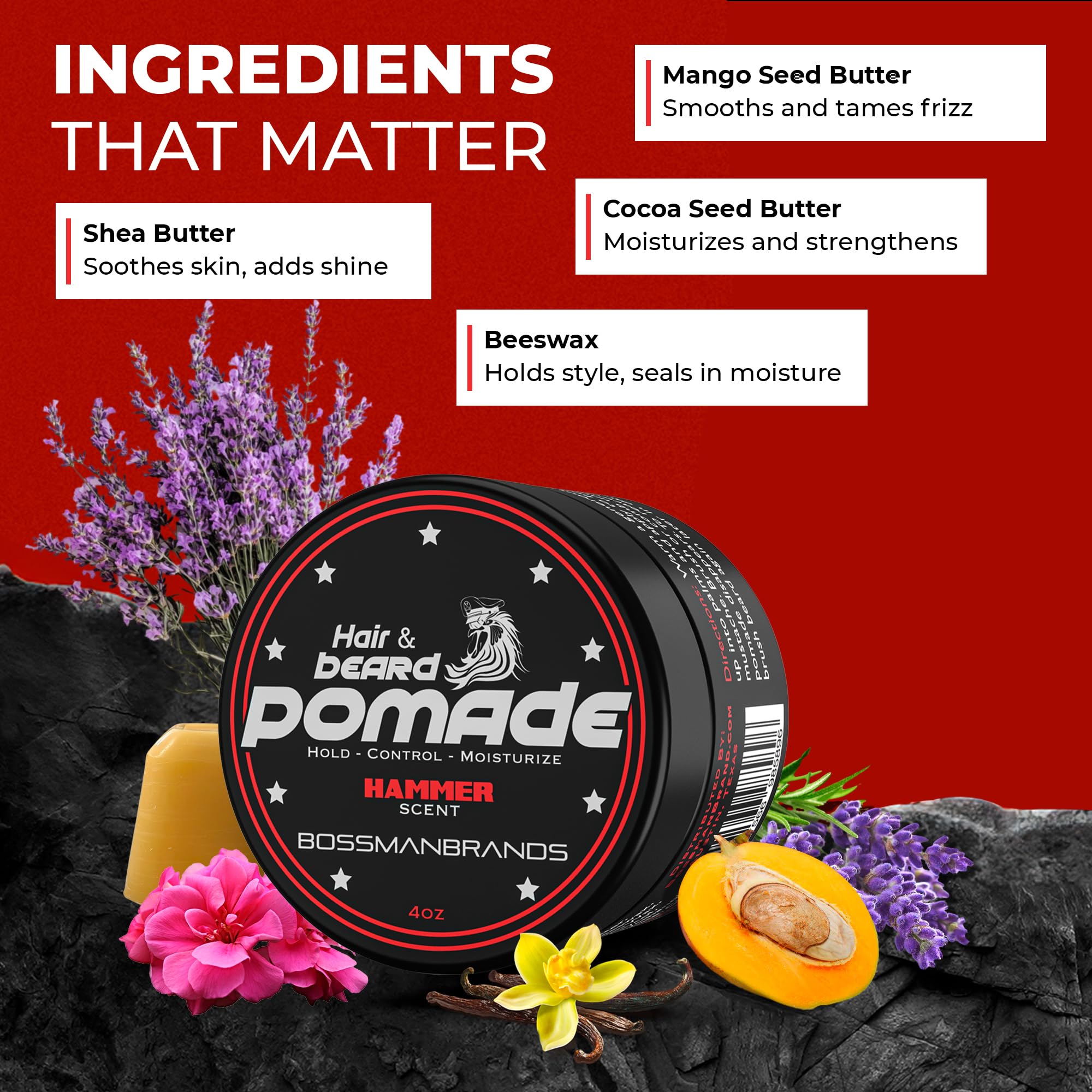 Bossman Hammer Hair & Beard Pomade – Medium Hold, Moisturizing, USA Made