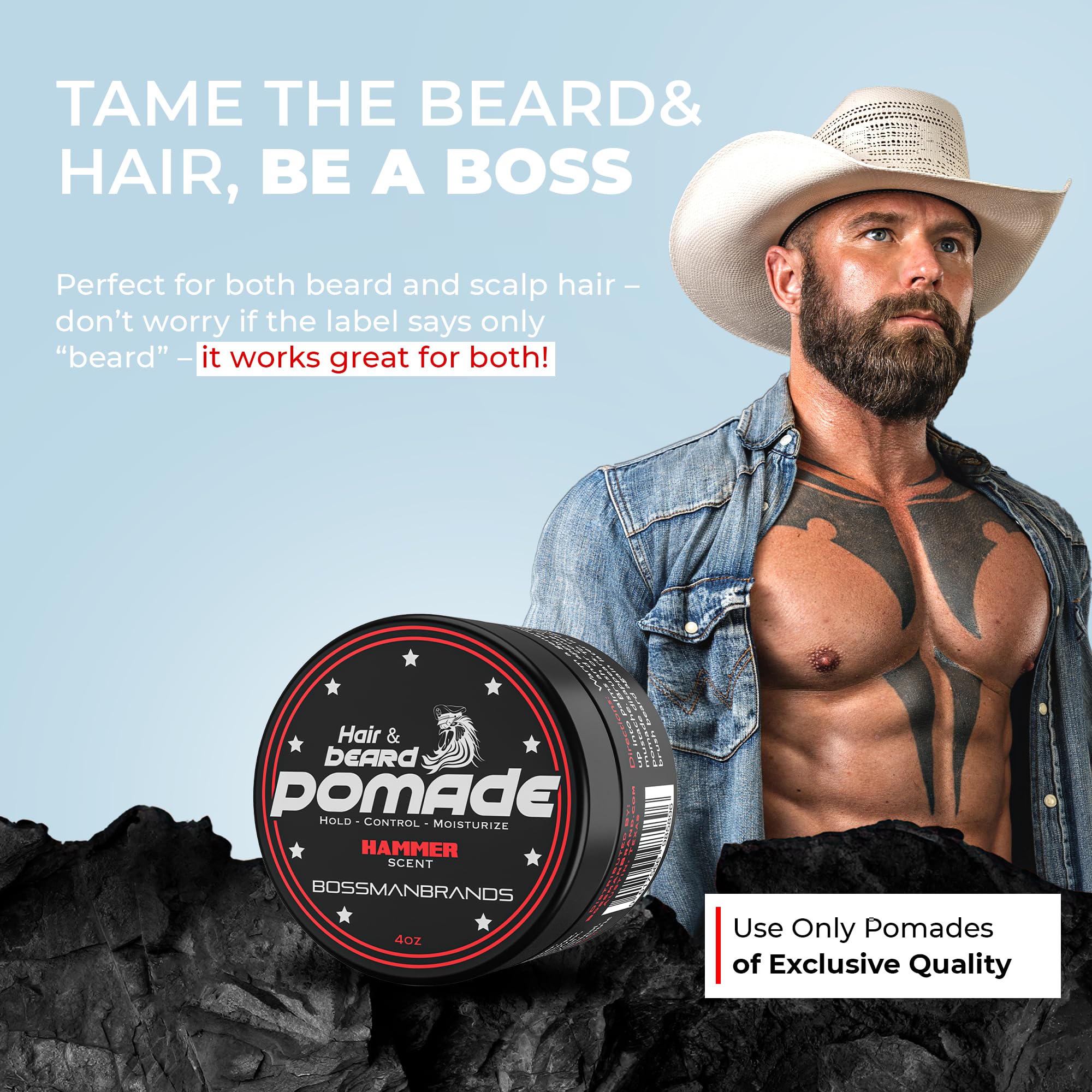 Bossman Hammer Hair & Beard Pomade – Medium Hold, Moisturizing, USA Made