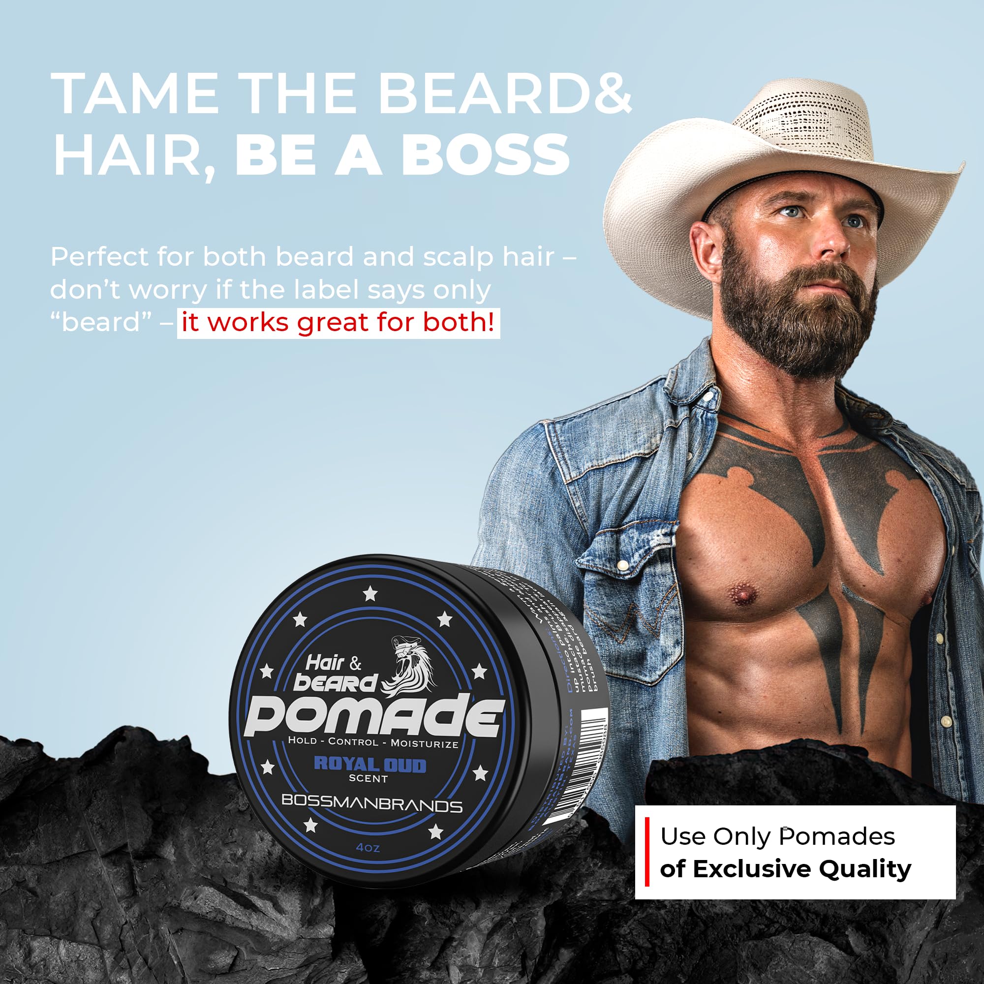 Bossman Hair & Beard Pomade – Royal Oud, Medium Hold, Moisturizing – Made in USA