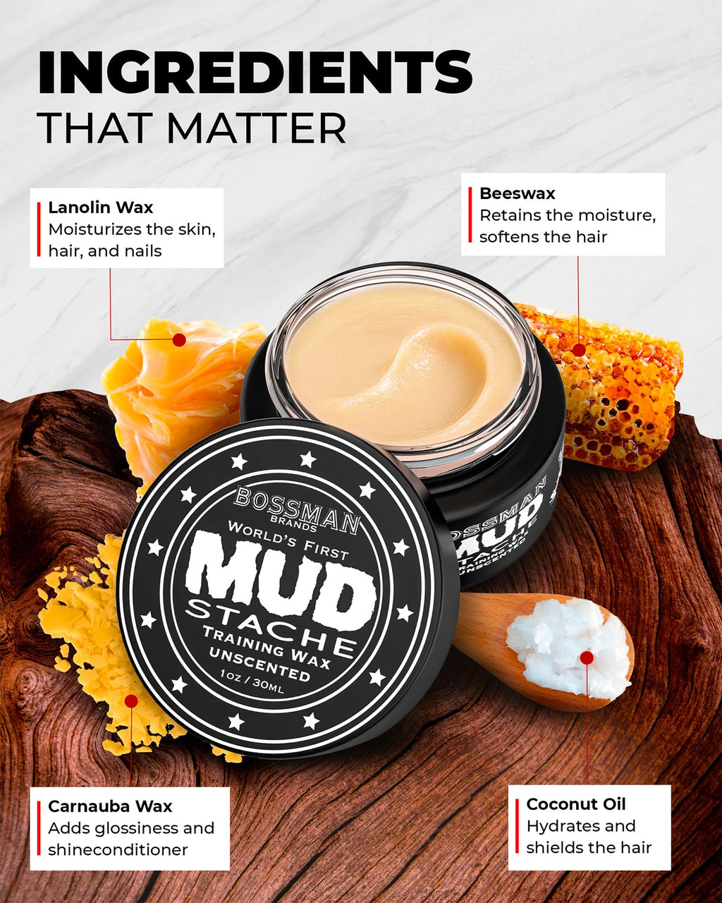 Bossman MUDstache Unscented Mustache Wax – 3 oz, 3-Pack, Strong 24-Hour Hold