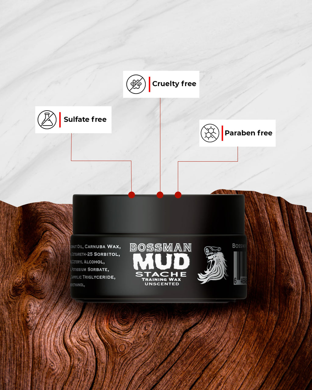 Bossman MUDstache Unscented Mustache Wax – 3 oz, 3-Pack, Strong 24-Hour Hold