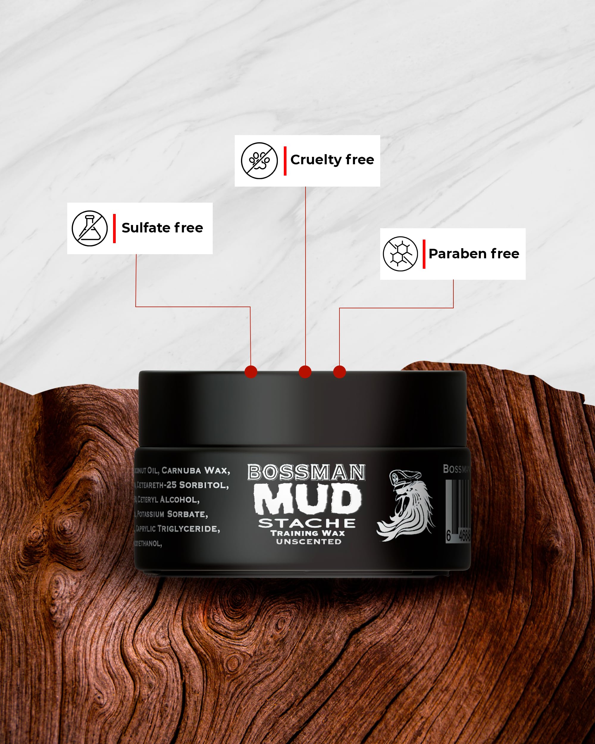 Bossman MUDstache Unscented Mustache Wax – 3 oz, 3-Pack, Strong 24-Hour Hold