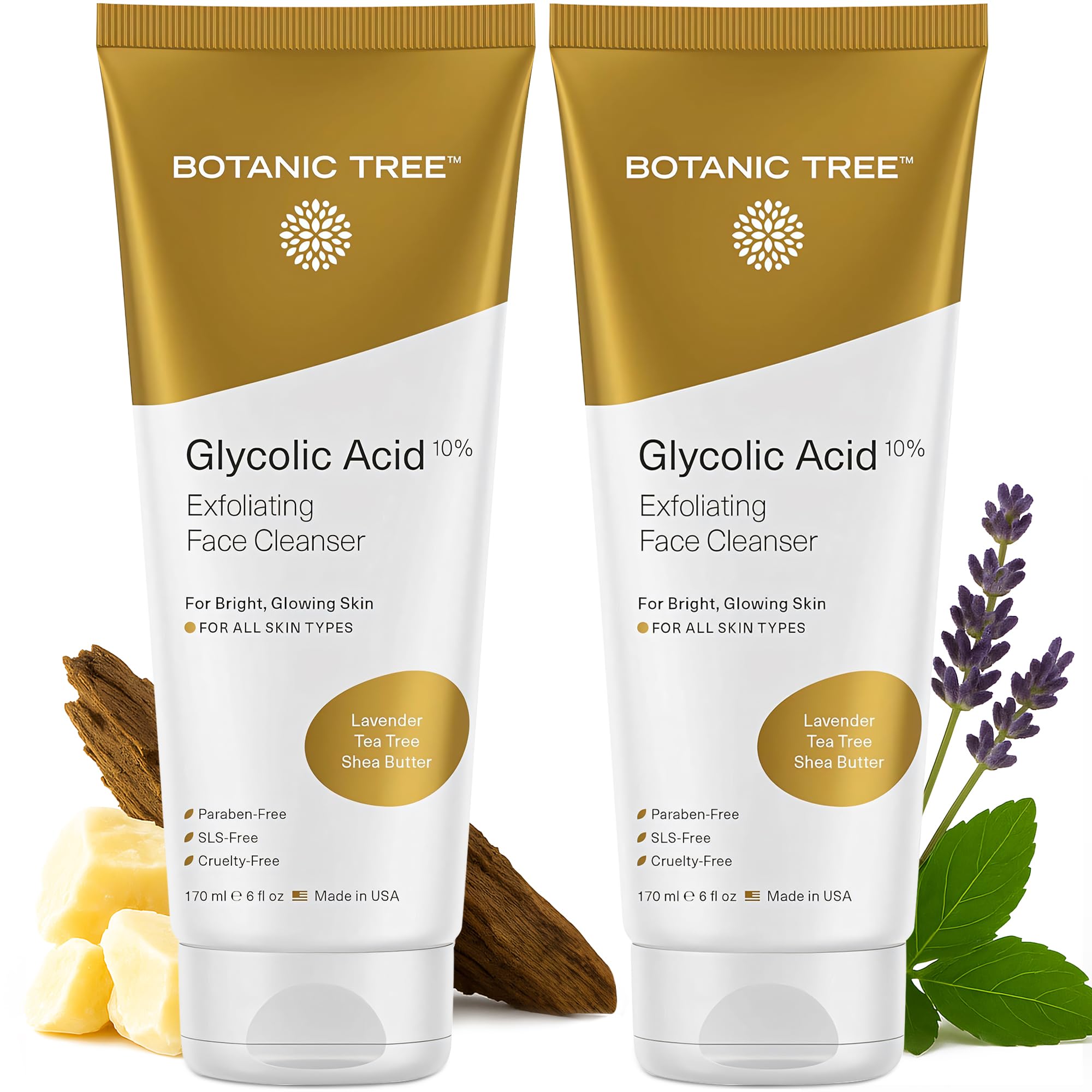 Botanic Tree Glycolic Acid Face Wash – 10% Glycolic & Salicylic Acid Cleanser, 2-Pack (6 fl oz each)