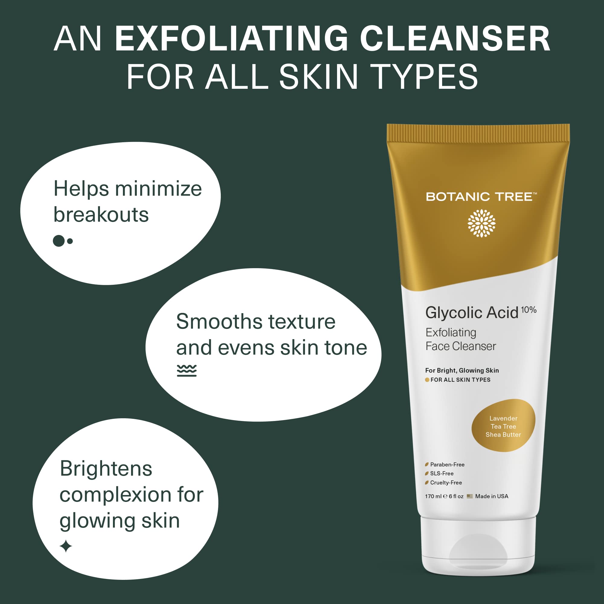 Botanic Tree Glycolic Acid Face Wash – 10% Glycolic & Salicylic Acid Cleanser, 2-Pack (6 fl oz each)