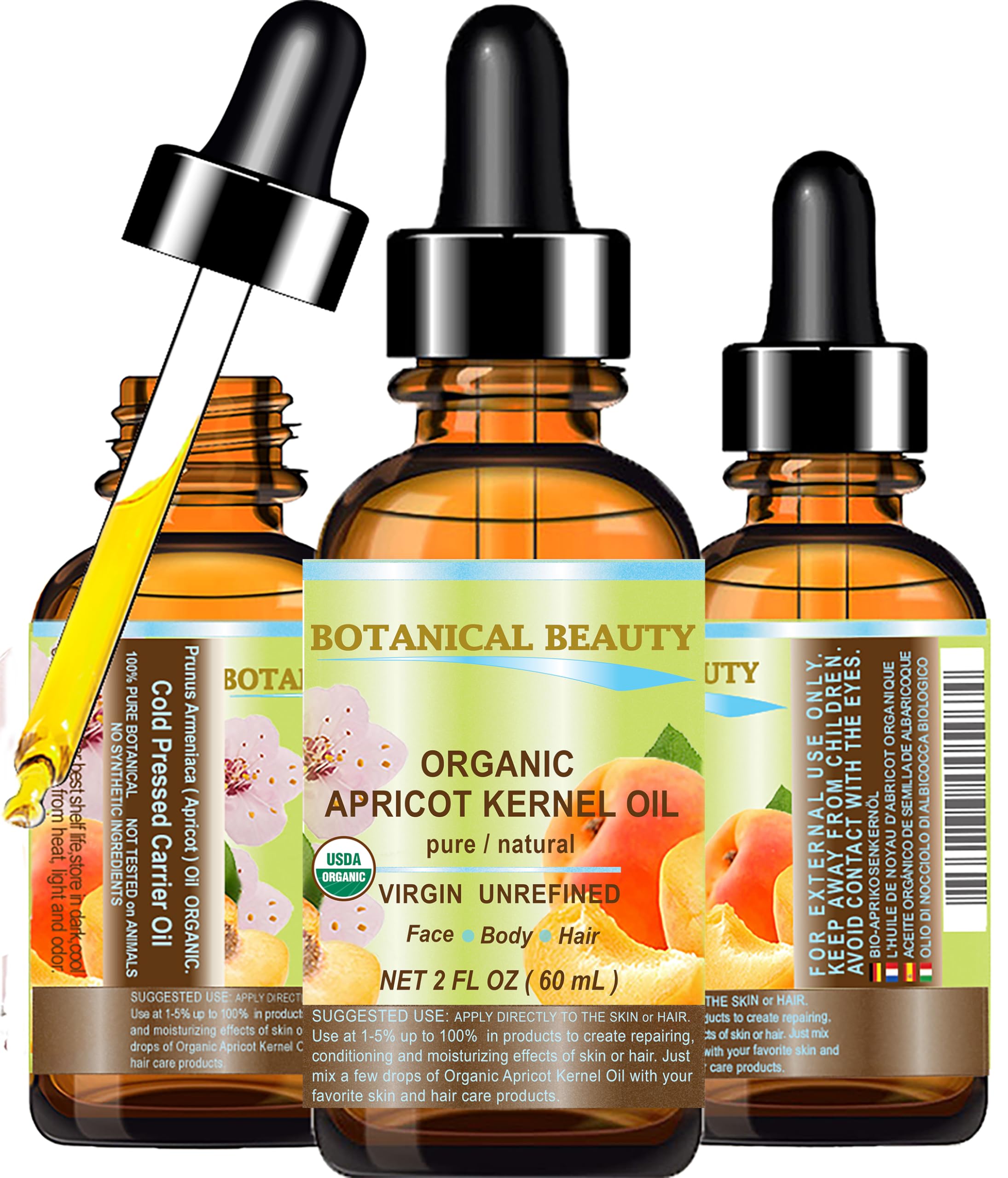 Botanical Beauty Organic Apricot Kernel Oil - 2 oz Virgin Cold-Pressed Carrier Oil for Face, Hair & Skin