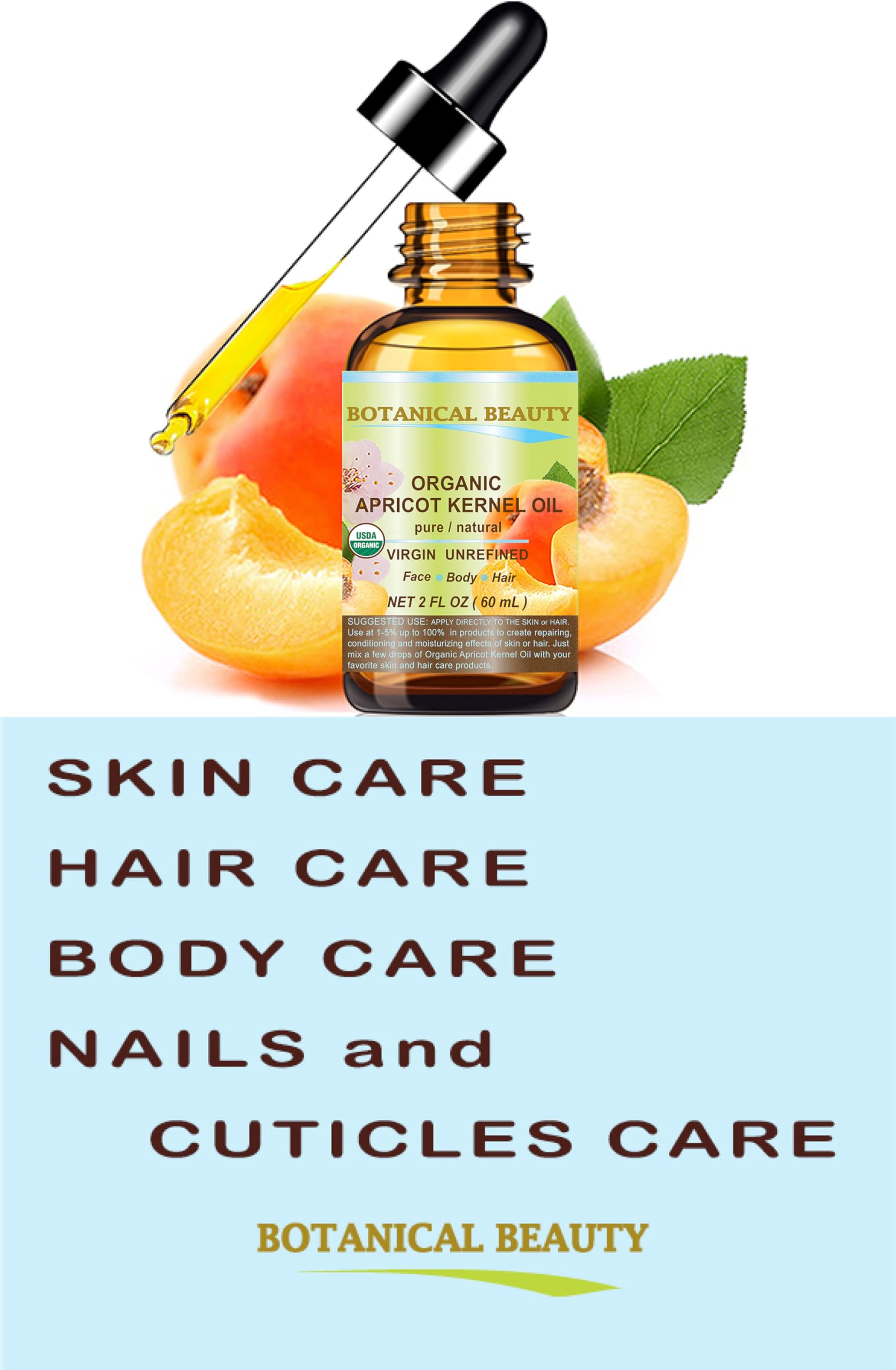 Botanical Beauty Organic Apricot Kernel Oil - 2 oz Virgin Cold-Pressed Carrier Oil for Face, Hair & Skin