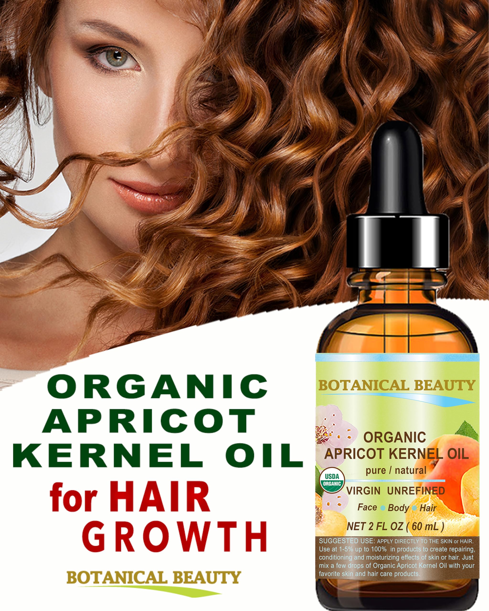 Botanical Beauty Organic Apricot Kernel Oil - 2 oz Virgin Cold-Pressed Carrier Oil for Face, Hair & Skin