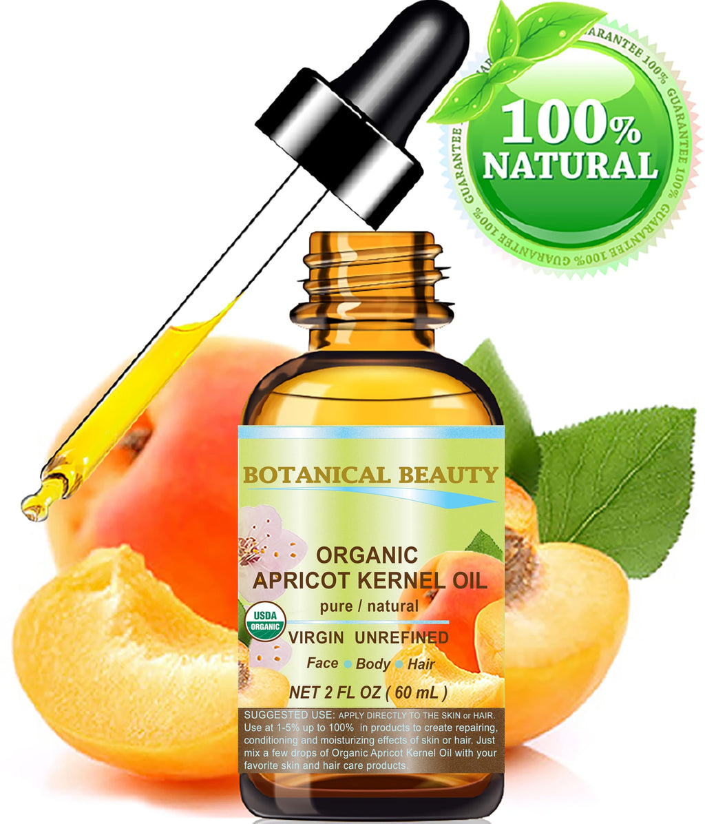 Botanical Beauty Organic Apricot Kernel Oil - 2 oz Virgin Cold-Pressed Carrier Oil for Face, Hair & Skin