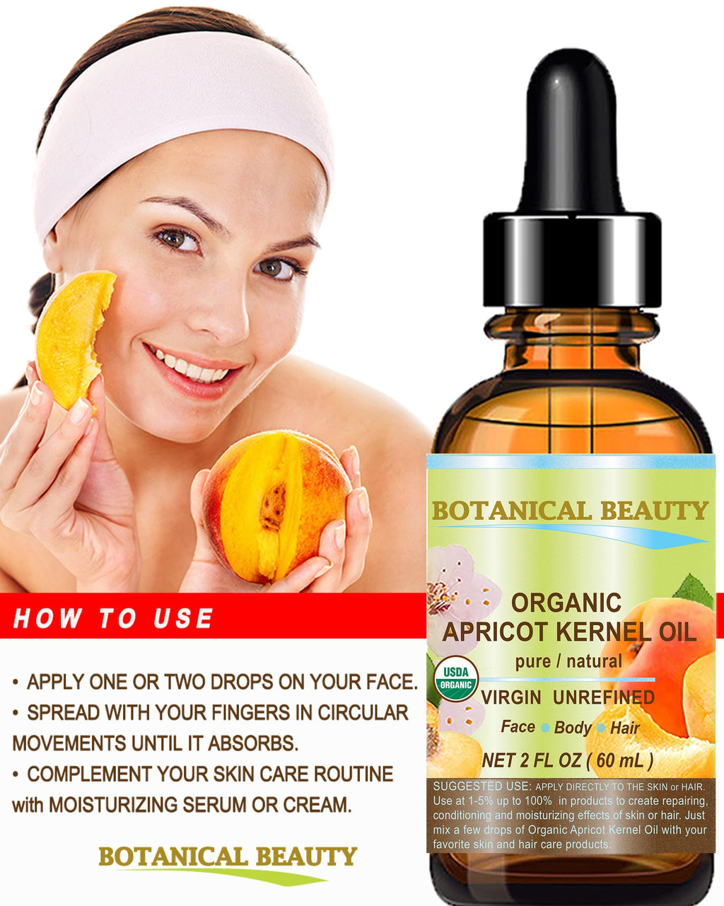 Botanical Beauty Organic Apricot Kernel Oil - 2 oz Virgin Cold-Pressed Carrier Oil for Face, Hair & Skin