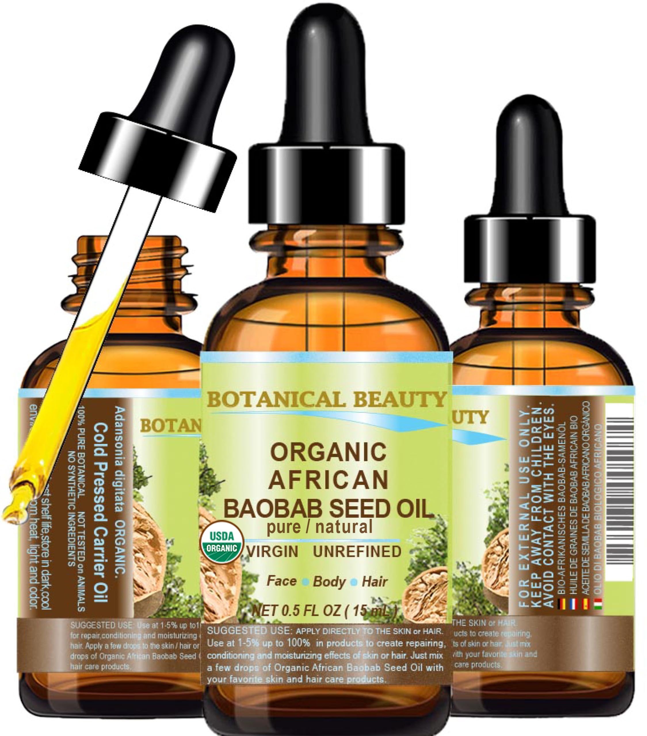 Botanical Beauty Organic Baobab Seed Oil – 100% Pure, Cold-Pressed Carrier Oil (0.5 fl oz / 15 ml) for Face, Skin, Hair