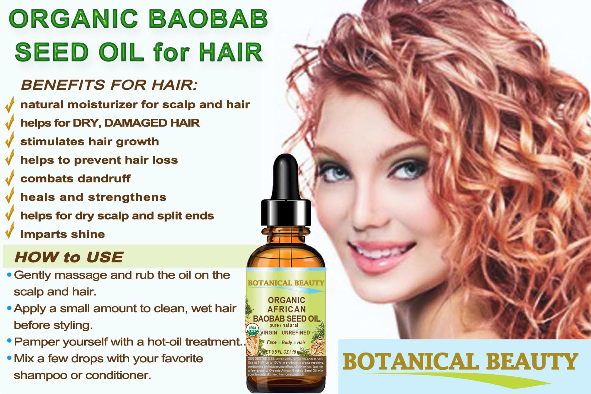 Botanical Beauty Organic Baobab Seed Oil – 100% Pure, Cold-Pressed Carrier Oil (0.5 fl oz / 15 ml) for Face, Skin, Hair