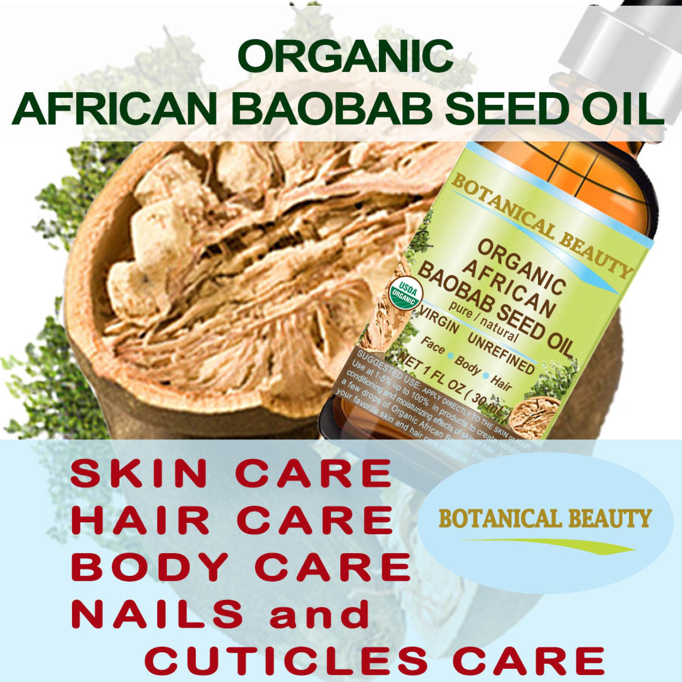 Botanical Beauty Organic Baobab Seed Oil – 100% Pure, Cold-Pressed Carrier Oil (0.5 fl oz / 15 ml) for Face, Skin, Hair