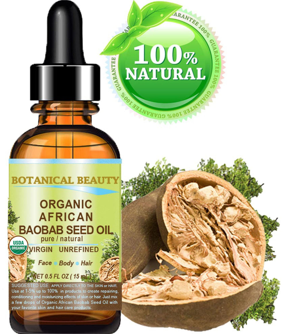 Botanical Beauty Organic Baobab Seed Oil – 100% Pure, Cold-Pressed Carrier Oil (0.5 fl oz / 15 ml) for Face, Skin, Hair