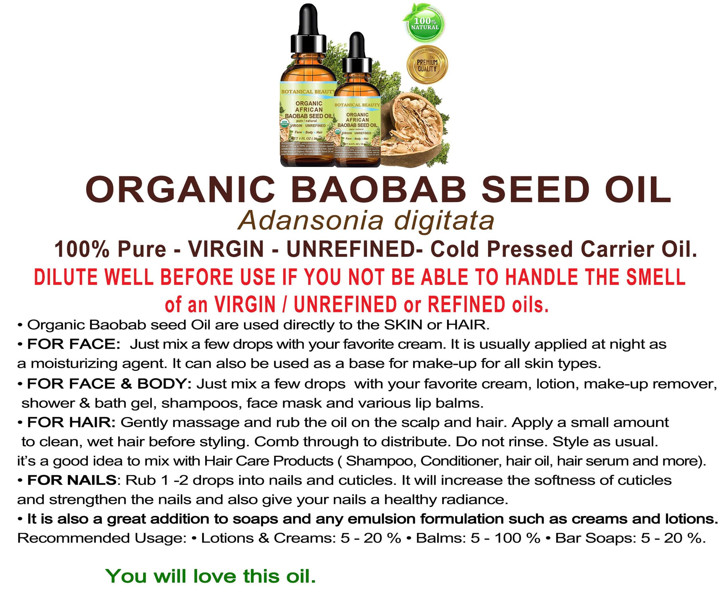 Botanical Beauty Organic Baobab Seed Oil – 100% Pure, Cold-Pressed Carrier Oil (0.5 fl oz / 15 ml) for Face, Skin, Hair