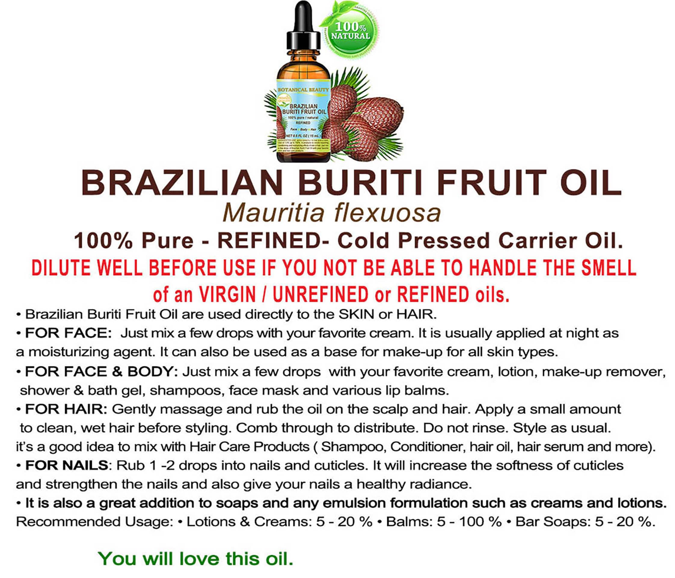 Botanical Beauty Brazilian Buriti Fruit Oil – 100% Pure, Refined, Cold-Pressed Carrier Oil, 1 Fl Oz
