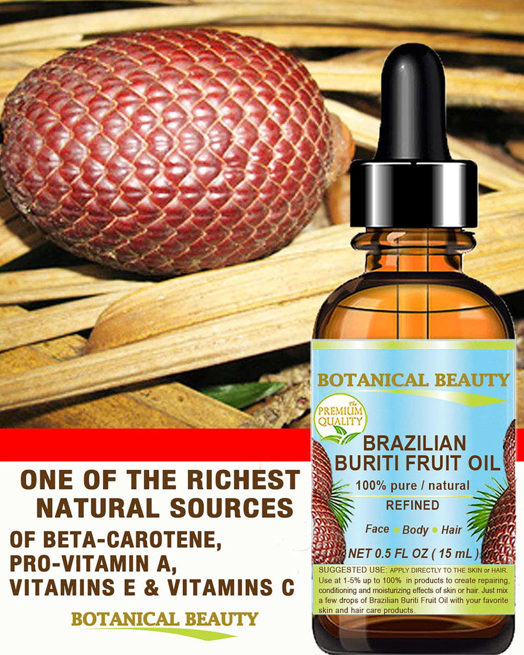 Botanical Beauty Brazilian Buriti Fruit Oil – 100% Pure, Refined, Cold-Pressed Carrier Oil, 1 Fl Oz