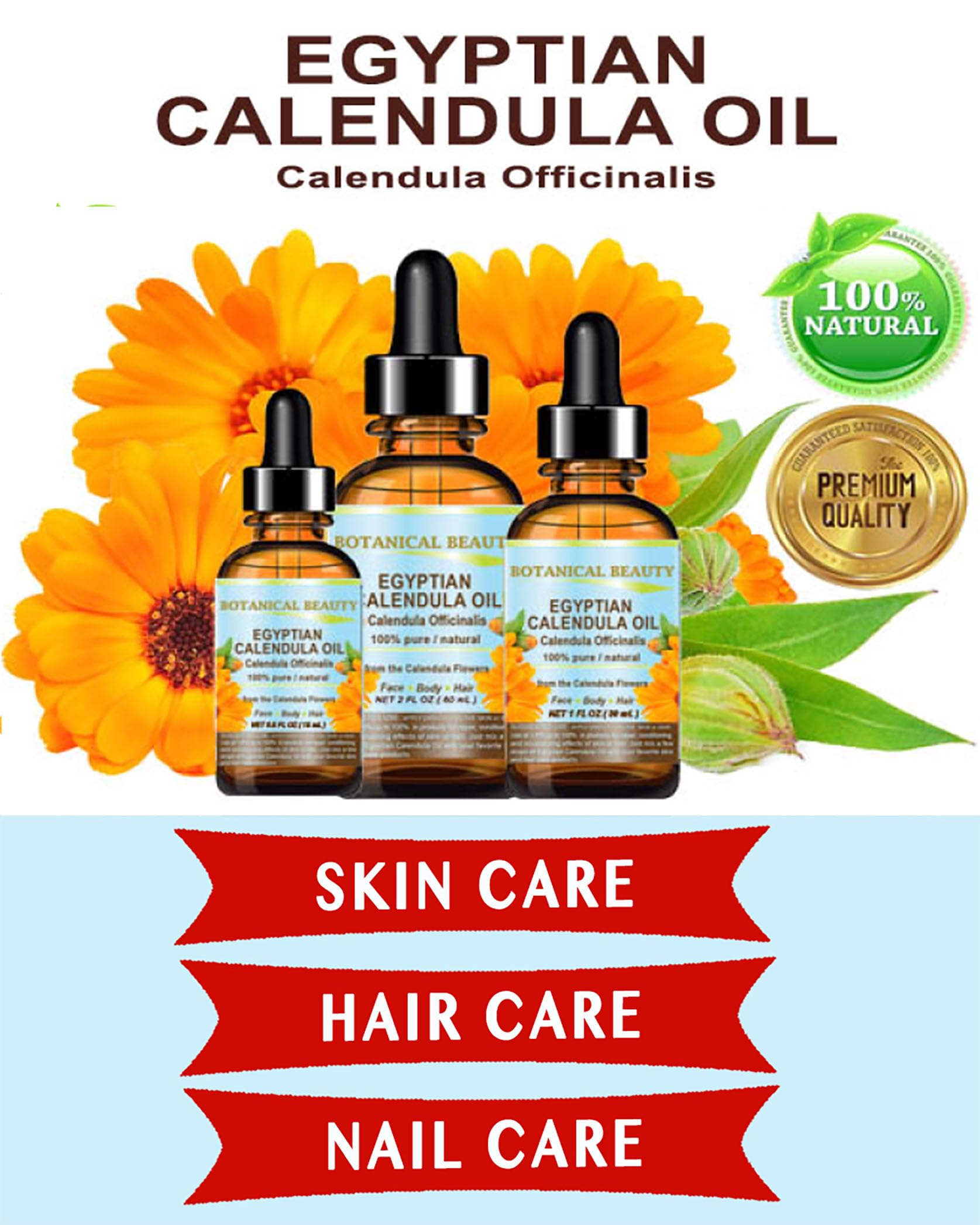 Botanical Beauty Calendula Oil - 100% Pure Egyptian Calendula Officinalis - Face, Skin, Body, Hair, Nails Moisturizer 1 Fl oz / 30 ml