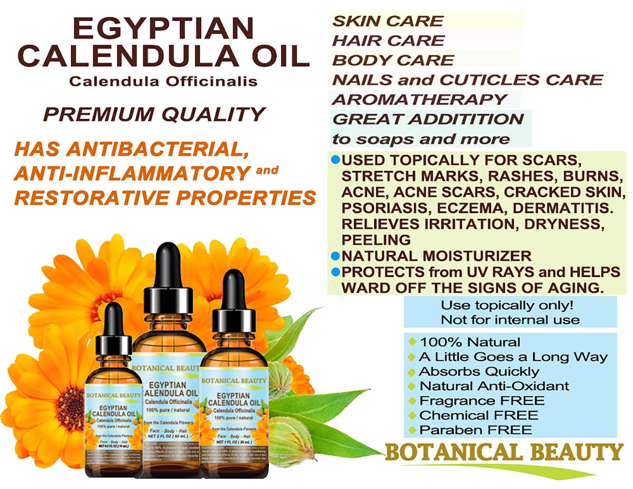 Botanical Beauty Calendula Oil - 100% Pure Egyptian Calendula Officinalis - Face, Skin, Body, Hair, Nails Moisturizer 1 Fl oz / 30 ml