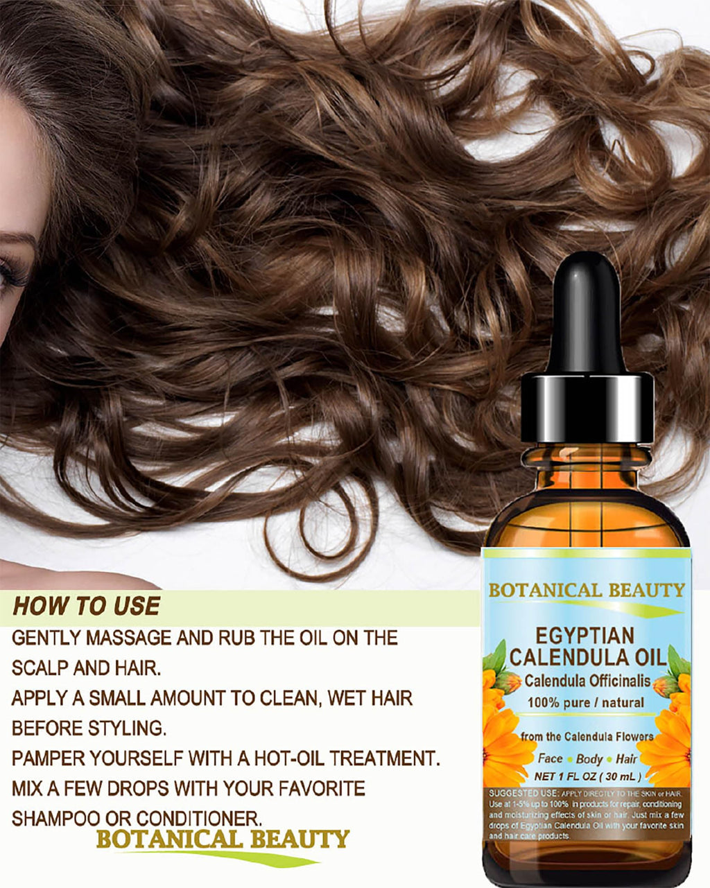 Botanical Beauty Calendula Oil - 100% Pure Egyptian Calendula Officinalis - Face, Skin, Body, Hair, Nails Moisturizer 1 Fl oz / 30 ml