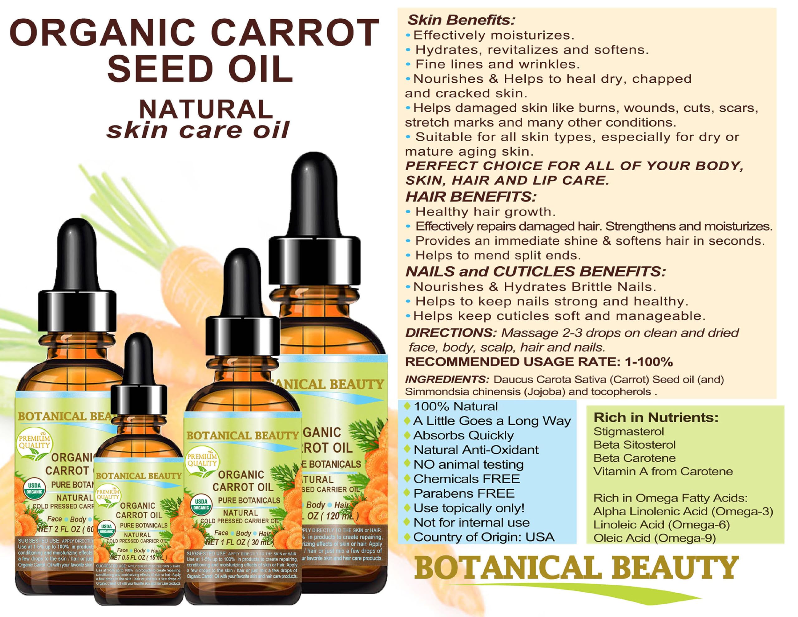 Botanical Beauty Organic Carrot Seed Oil – 100% Pure Virgin Cold-Pressed Carrier Oil (2 Fl Oz)