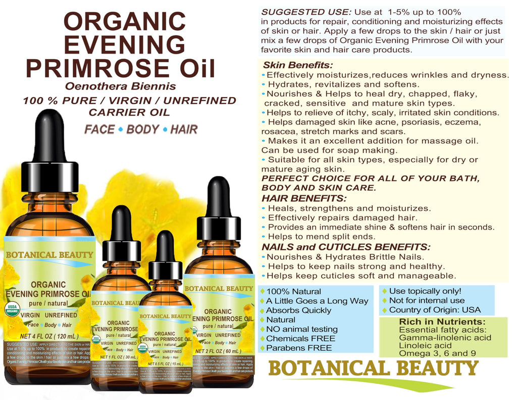 Botanical Beauty Evening Primrose Oil – 100% Pure Organic Cold-Pressed Carrier Oil 0.5 oz