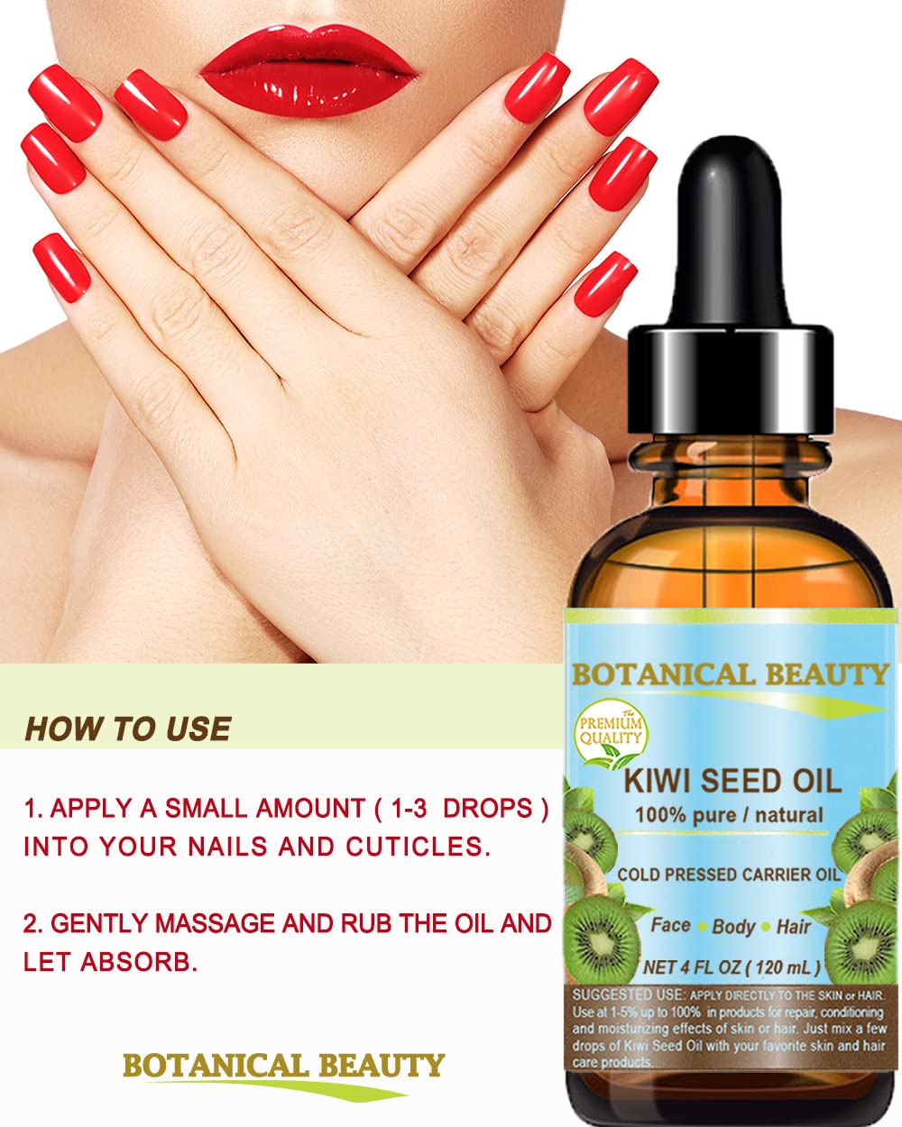 Botanical Beauty Kiwi Seed Oil – 100% Pure Virgin Cold-Pressed Carrier Oil for Face, Skin, Hair | 1 Fl Oz