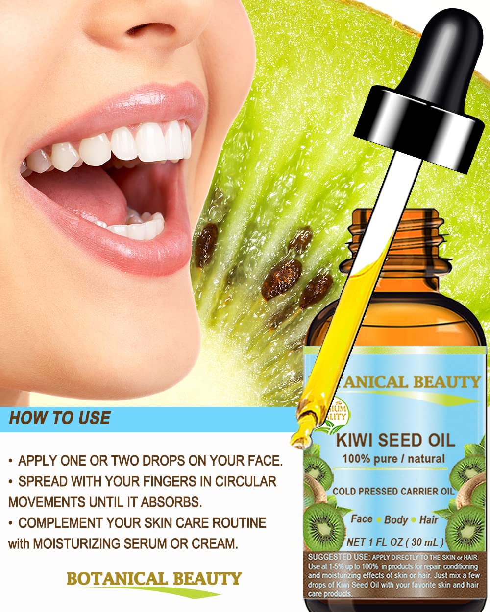 Botanical Beauty Kiwi Seed Oil – 100% Pure Virgin Cold-Pressed Carrier Oil for Face, Skin, Hair | 1 Fl Oz