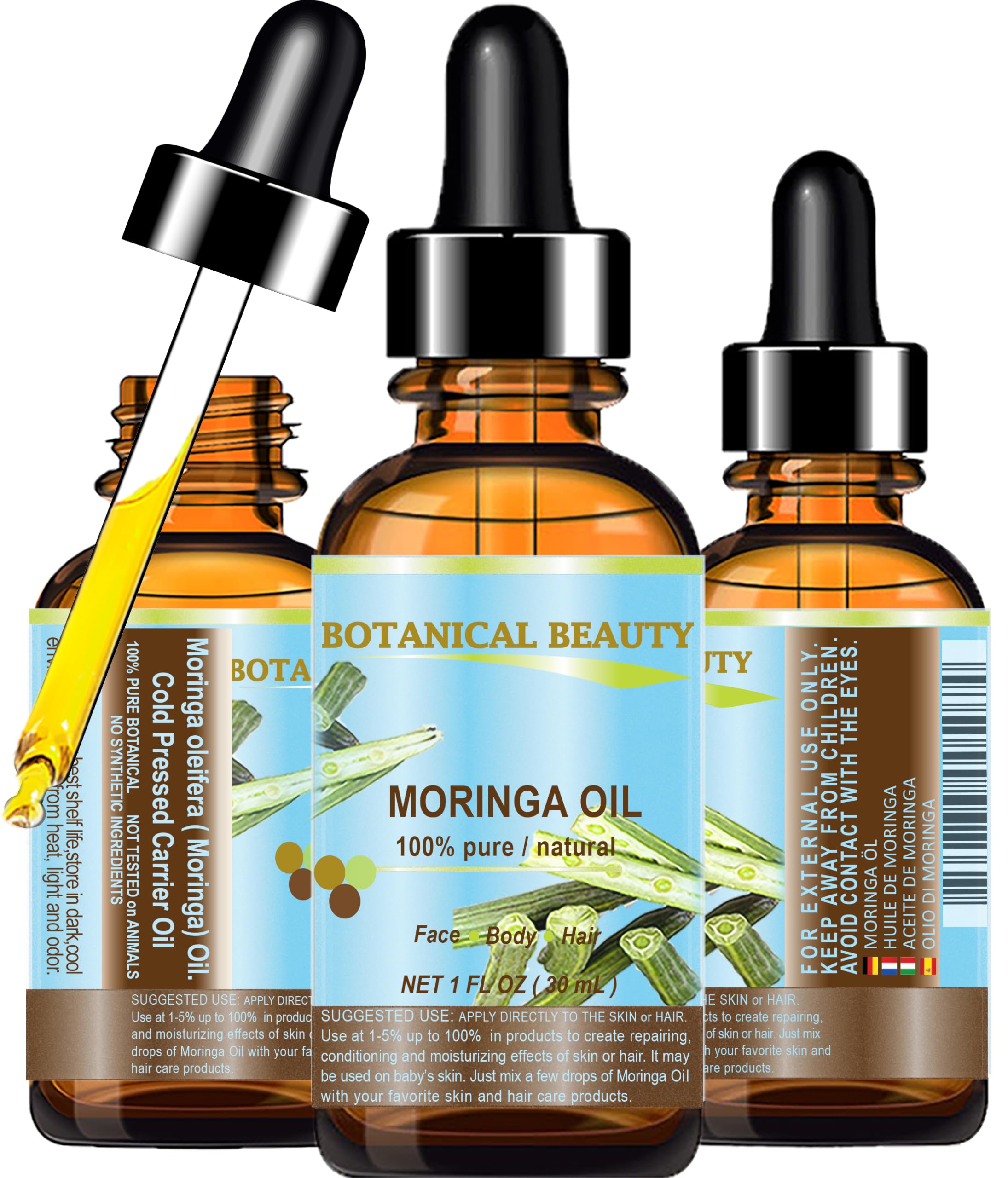 Botanical Beauty Moringa Oil – 100% Pure Cold-Pressed Carrier Oil for Face, Skin, Hair, Nails (1 oz)