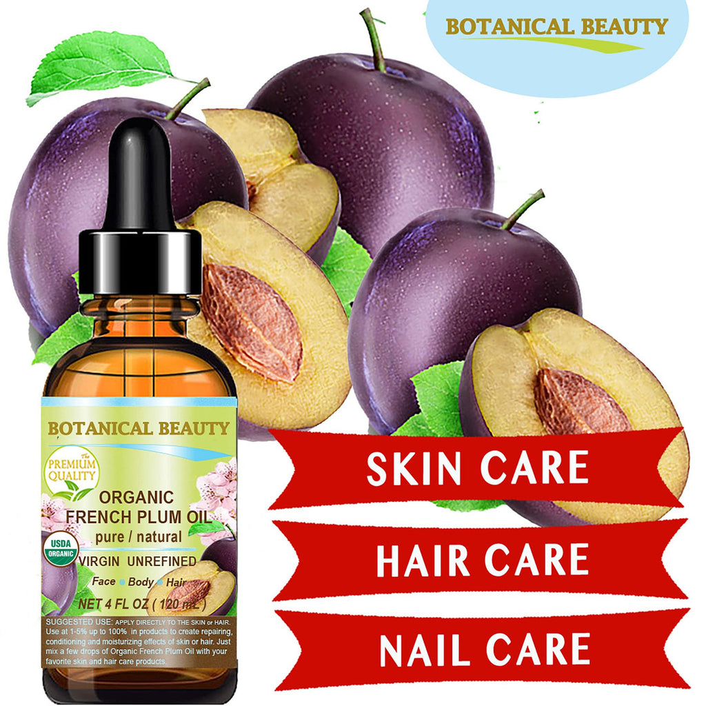 Botanical Beauty Organic French Plum Oil – 100% Pure Virgin Cold-Pressed Carrier Oil (2 fl oz) for Face, Skin, Hair