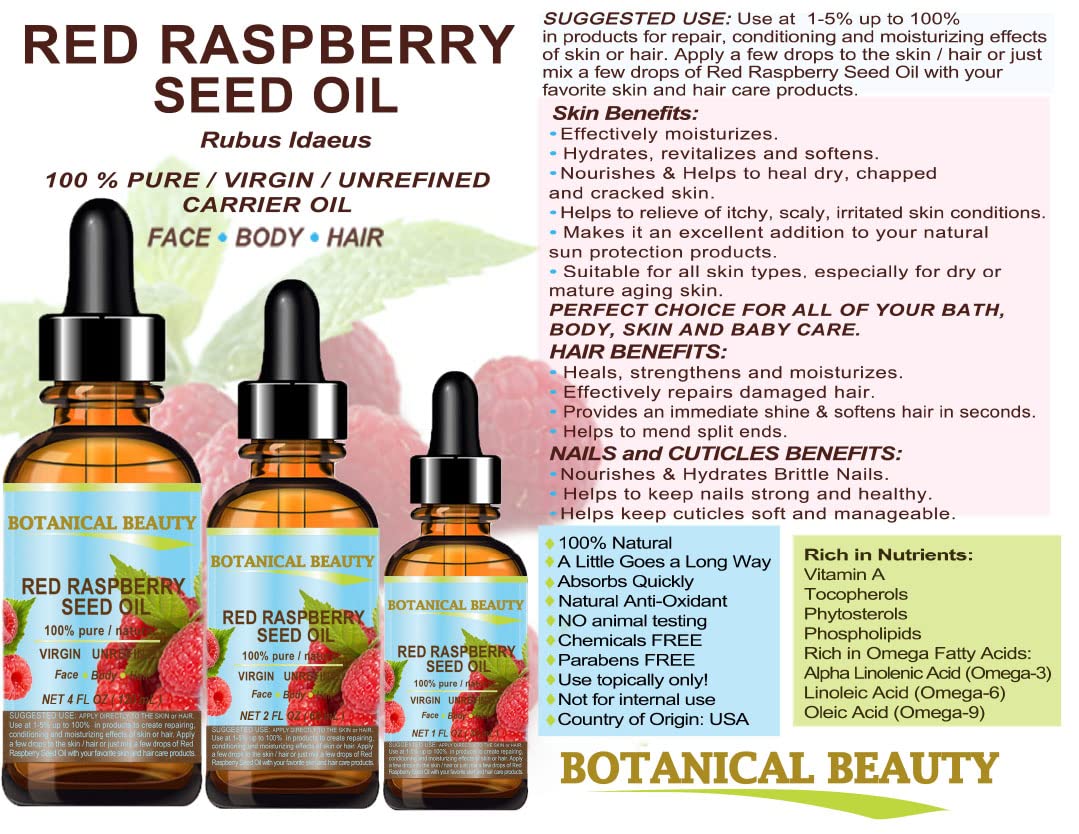 Botanical Beauty Red Raspberry Seed Oil – 4 Oz Virgin Cold-Pressed Carrier Oil