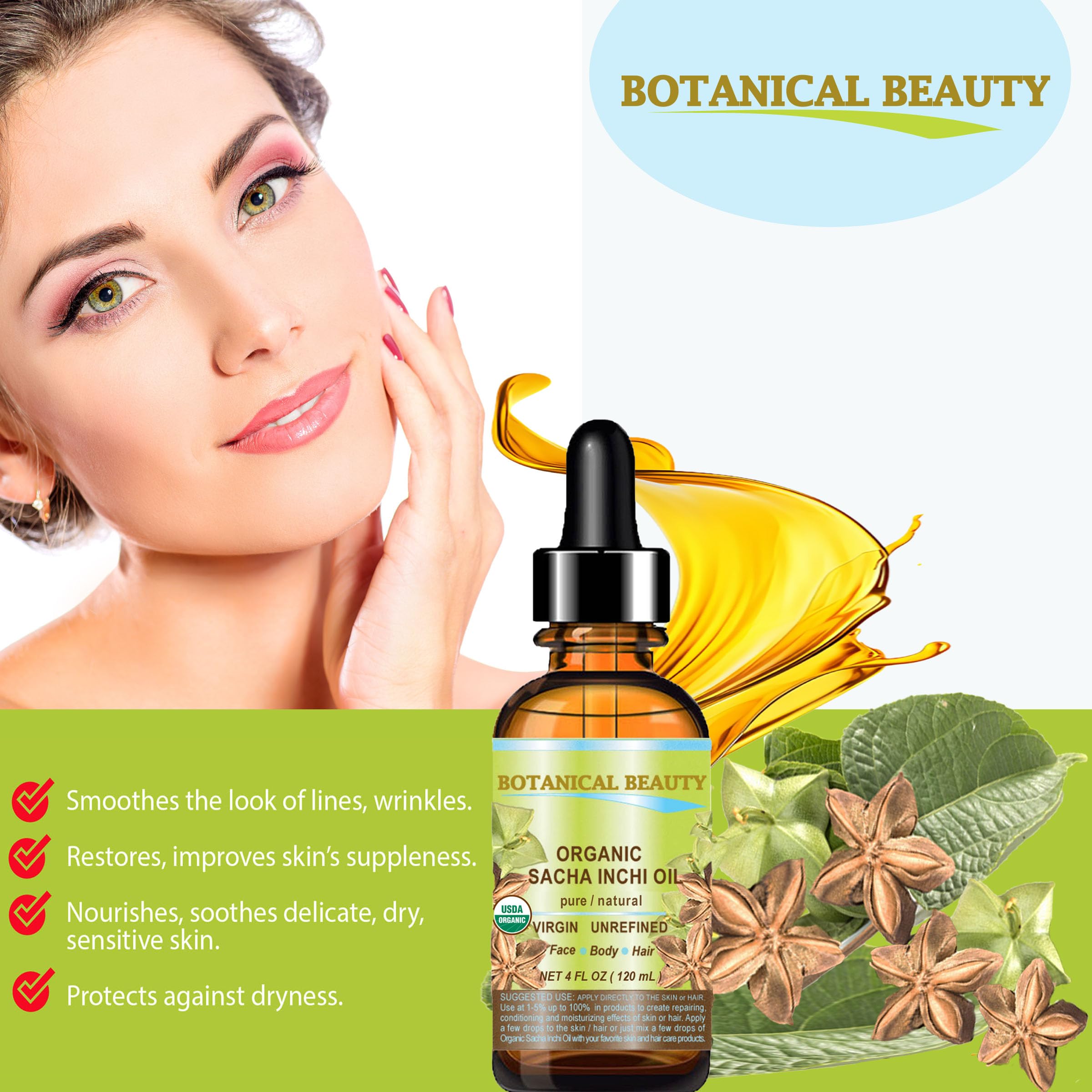 Botanical Beauty Organic Sacha Inchi Oil – 100% Pure Cold-Pressed Carrier Oil (4 oz / 120 ml)