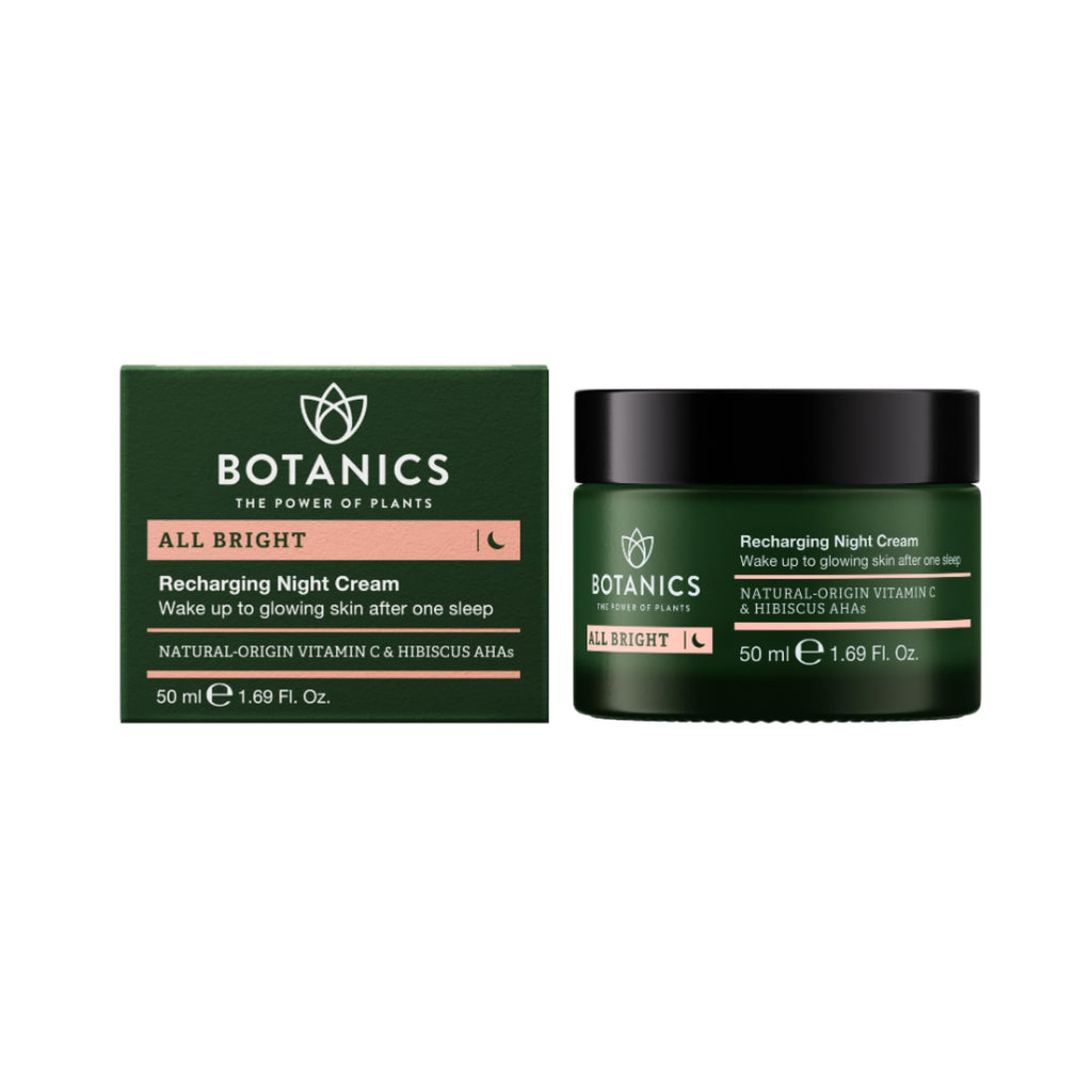 Botanics All Bright Recharging Night Cream – Vitamin C Hibiscus AHA Face Moisturizer (1.69 oz) | Hydrating & Smoothing
