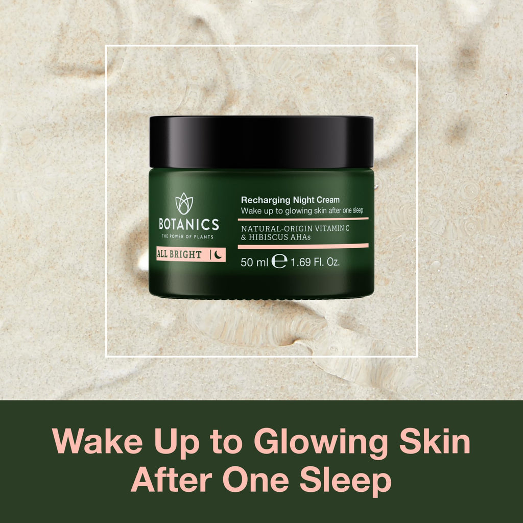 Botanics All Bright Recharging Night Cream – Vitamin C Hibiscus AHA Face Moisturizer (1.69 oz) | Hydrating & Smoothing
