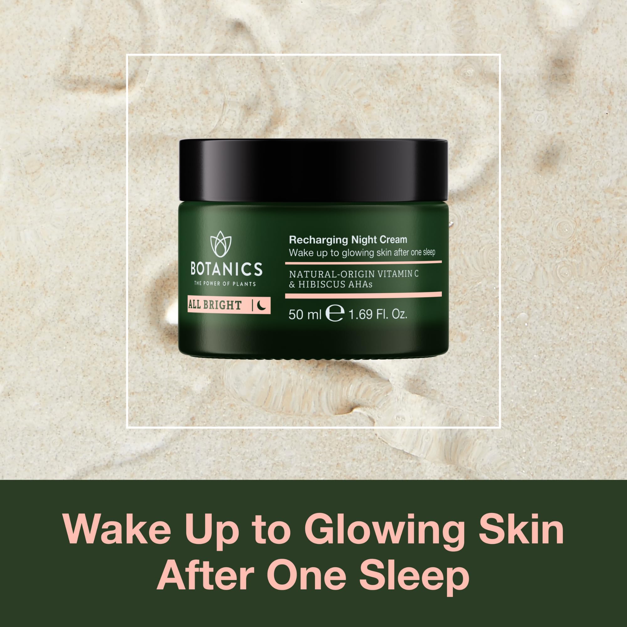 Botanics All Bright Recharging Night Cream – Vitamin C Hibiscus AHA Face Moisturizer (1.69 oz) | Hydrating & Smoothing