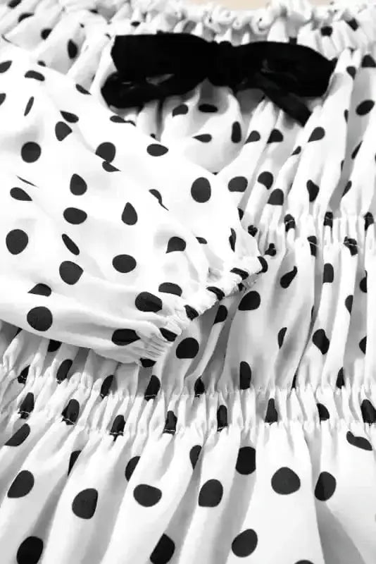 Polka Dot Bow Detail Puff Sleeve Peplum Blouse Women UK